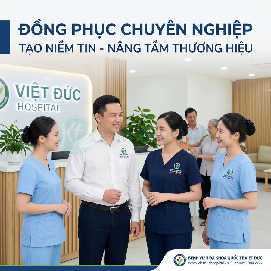 Nhân viên y tế Bệnh viện Đa khoa Quốc tế Việt Đức trong đồng phục chuyên nghiệp tại sảnh tiếp đón