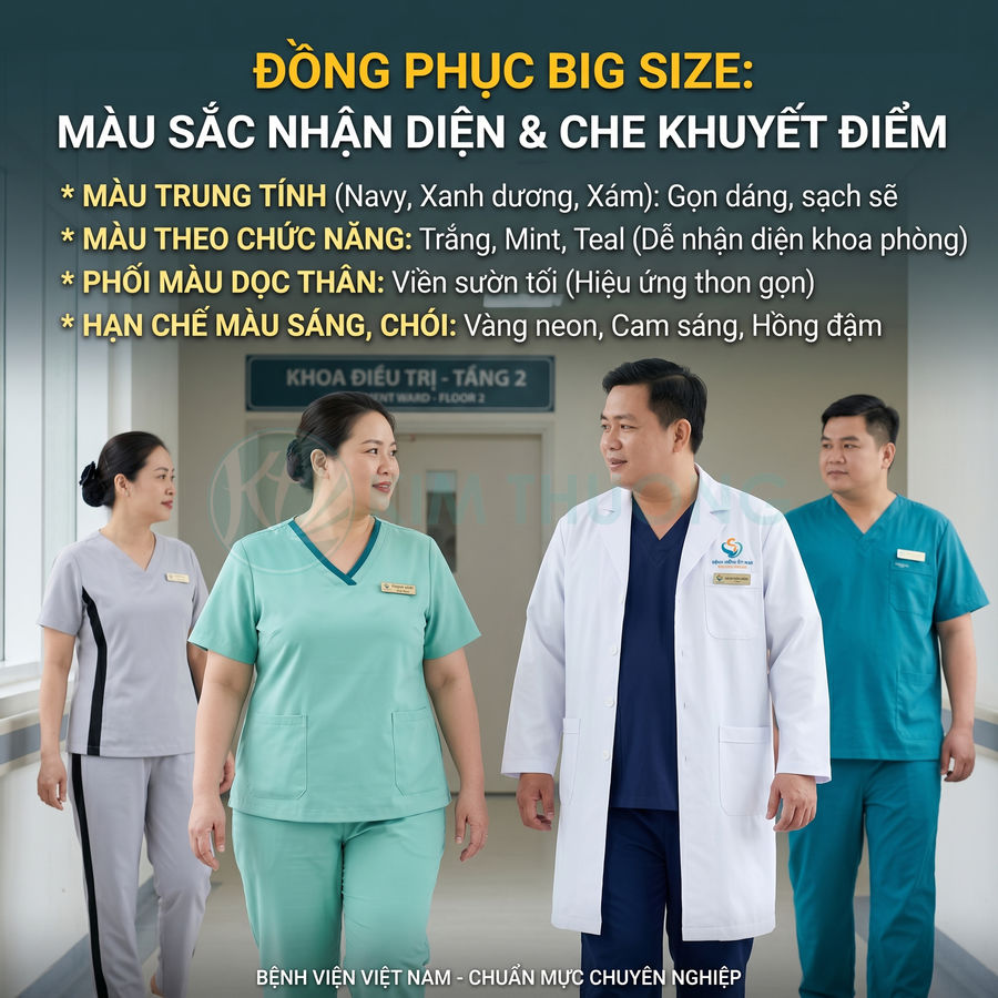 Nhân viên y tế mặc đồng phục big size nhiều màu trung tính và theo chức năng trong hành lang bệnh viện