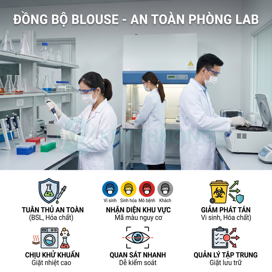 Áo blouse phòng lab trắng cho kỹ thuật viên y tế làm việc trong phòng thí nghiệm hiện đại
