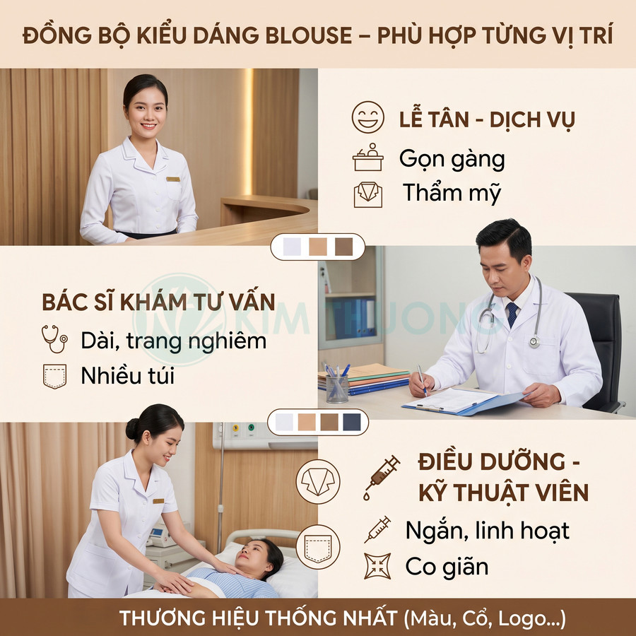 Đồng phục blouse y tế cho lễ tân, bác sĩ, điều dưỡng với thiết kế riêng cho từng vị trí trong bệnh viện