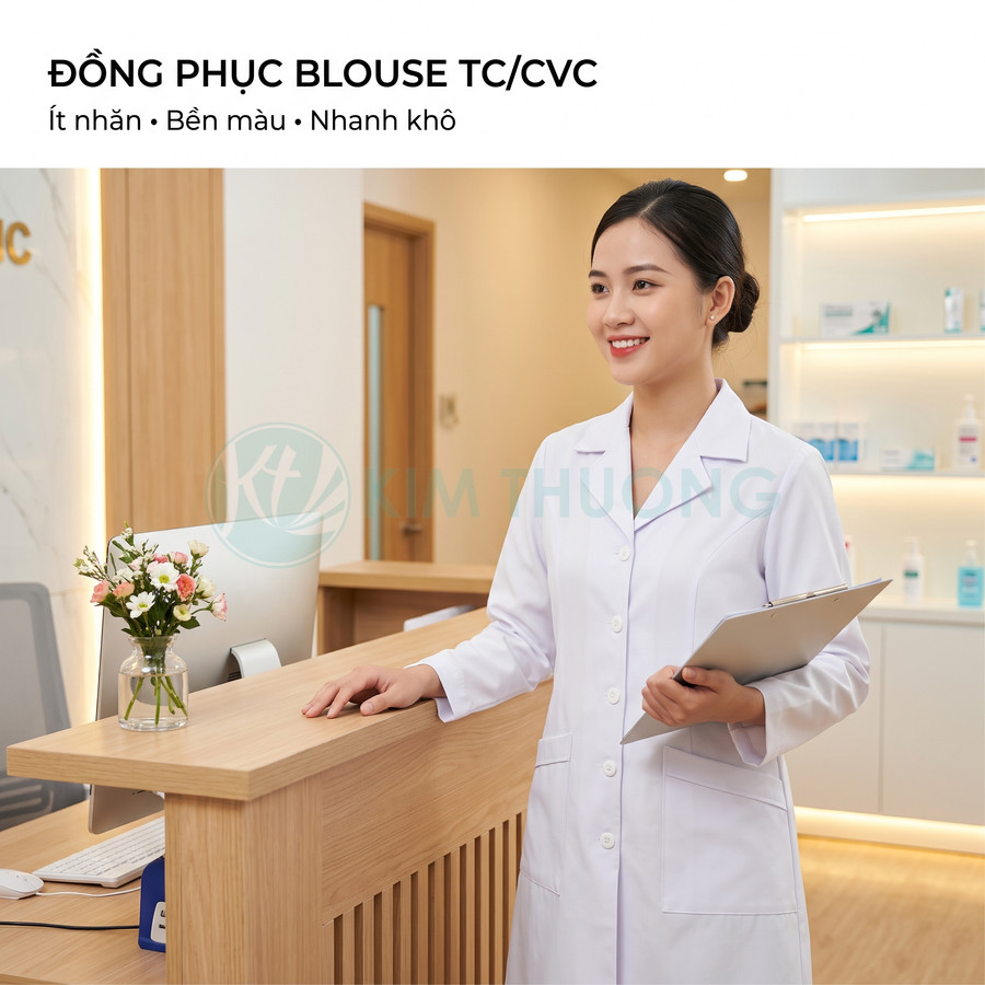 Nữ nhân viên y tế mặc áo blouse trắng TC CVC đứng tại quầy lễ tân phòng khám hiện đại