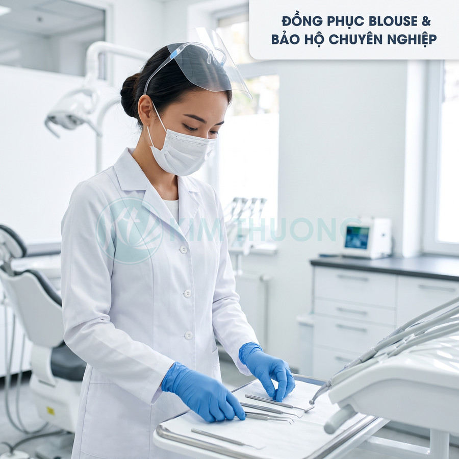 Nữ nha sĩ mặc áo blouse trắng, đeo khẩu trang, găng tay và kính chắn giọt bắn chuẩn bị dụng cụ nha khoa