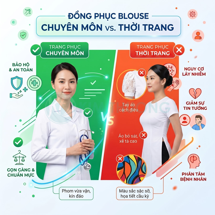 So sánh đồng phục blouse y khoa chuyên môn kín đáo với áo blouse thời trang bó sát màu sắc sặc sỡ
