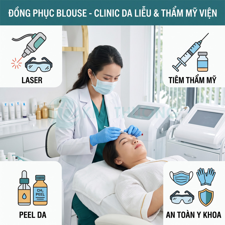 Bác sĩ da liễu mặc đồng phục blouse trắng đang điều trị da mặt cho khách tại phòng khám thẩm mỹ hiện đại