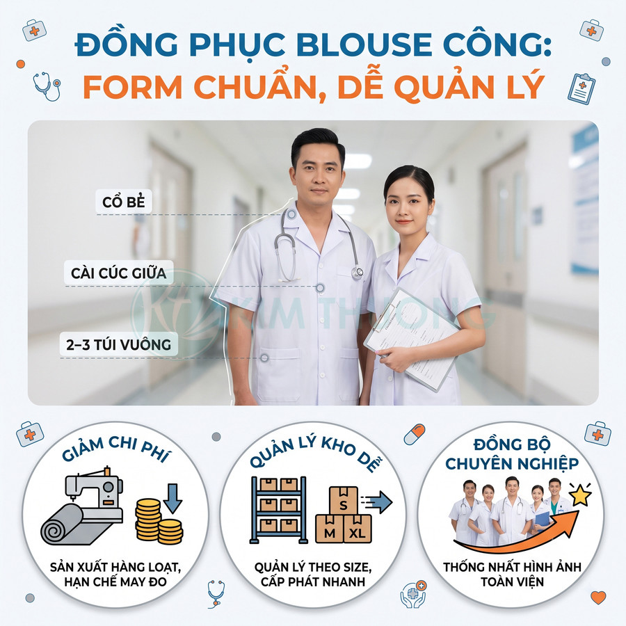 Đồng phục blouse công sở y tế màu trắng cổ bẻ cài cúc giữa nhiều túi vuông cho bác sĩ và điều dưỡng