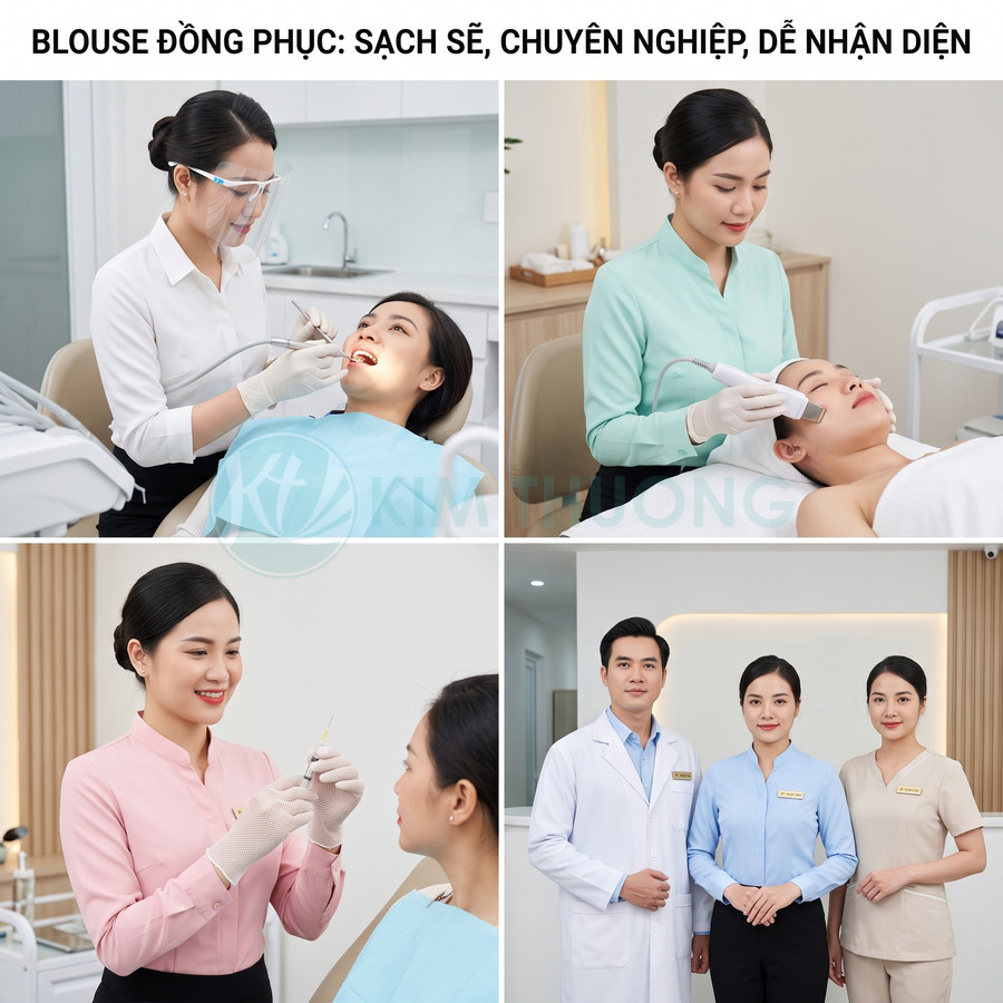 Blouse đồng phục y tế sạch sẽ chuyên nghiệp cho nha khoa và spa, nhân viên mặc nhiều màu trong phòng khám hiện đại