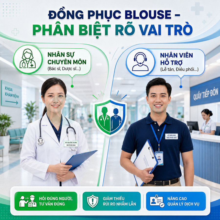 Đồng phục blouse bác sĩ và áo polo nhân viên hỗ trợ giúp phân biệt rõ vai trò trong bệnh viện