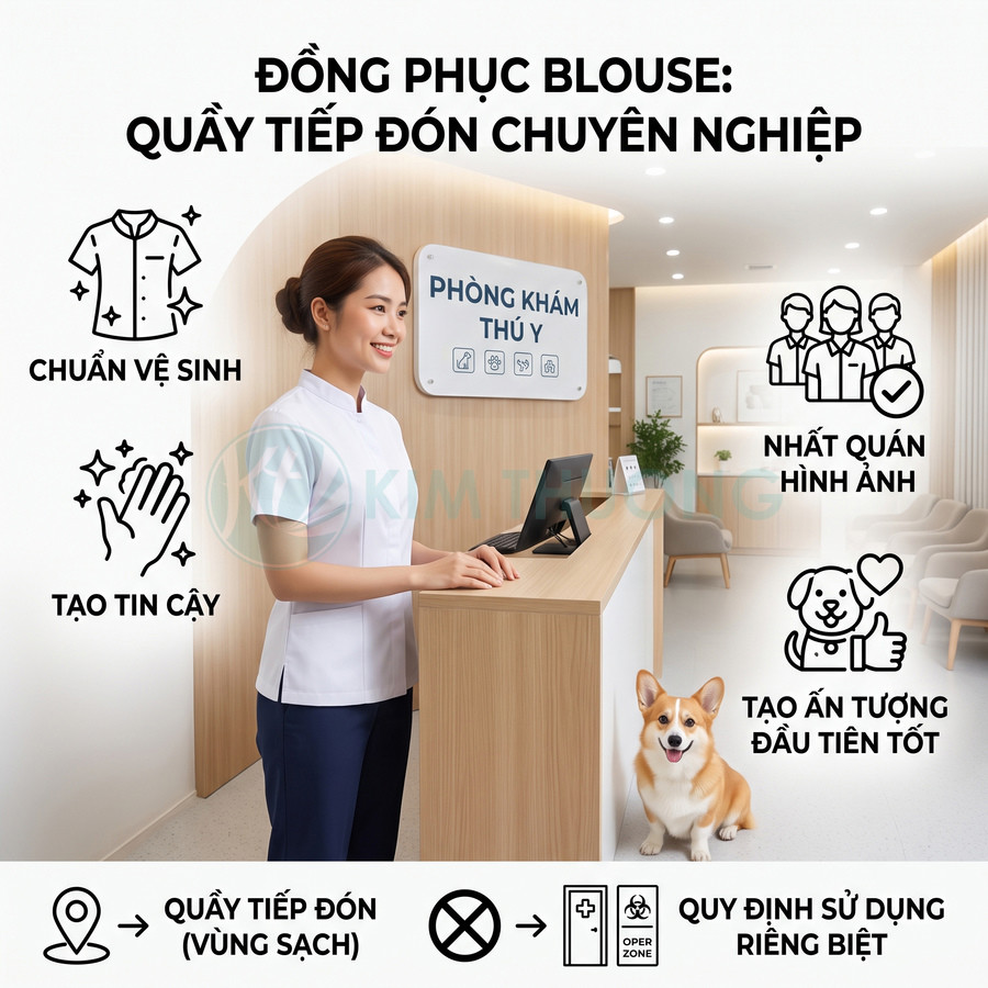 Nhân viên quầy lễ tân phòng khám thú y mặc đồng phục blouse trắng chuyên nghiệp, đứng sau quầy gỗ hiện đại