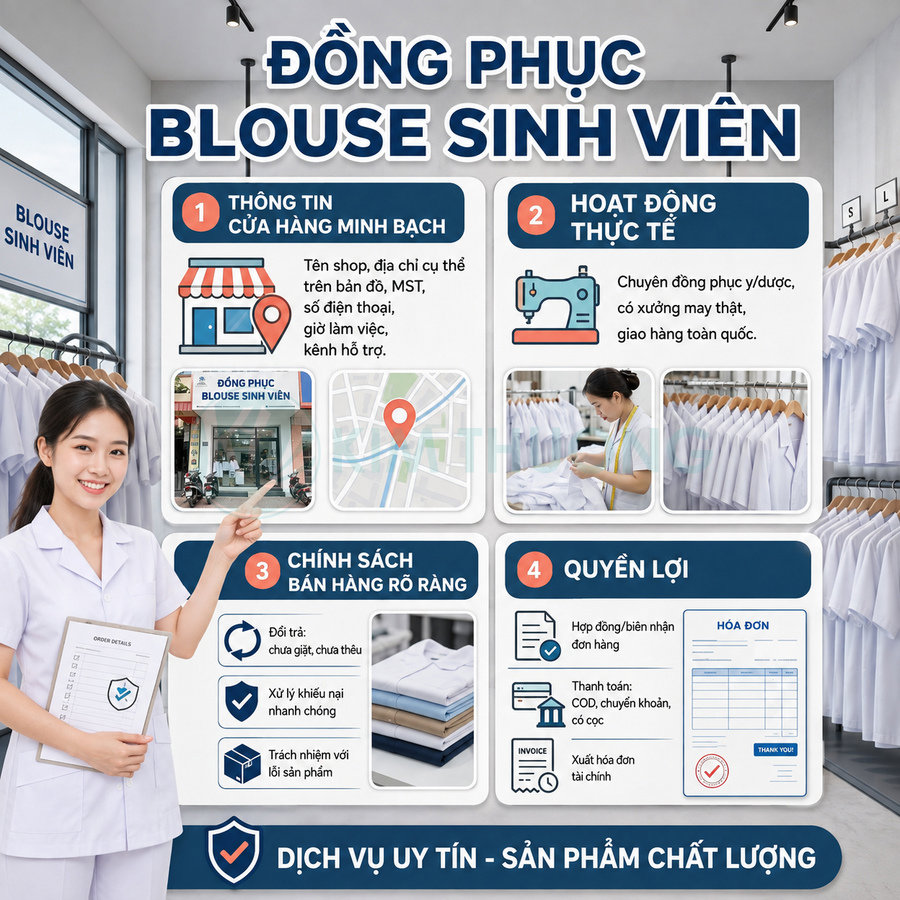 Đồng phục blouse sinh viên màu trắng, nữ nhân viên y tế mỉm cười giới thiệu các mẫu áo treo trong cửa hàng