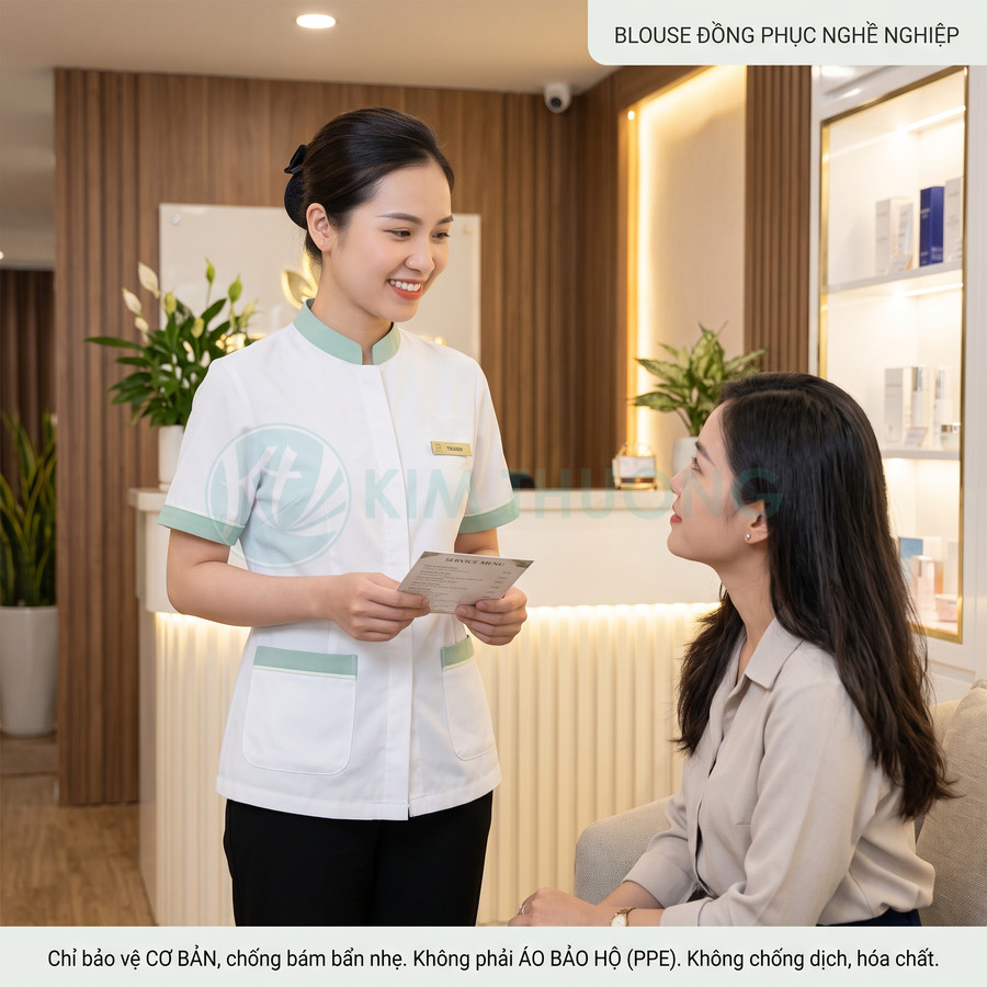 Nhân viên spa mặc áo blouse đồng phục trắng viền xanh mint tư vấn khách hàng trong phòng tiếp đón hiện đại