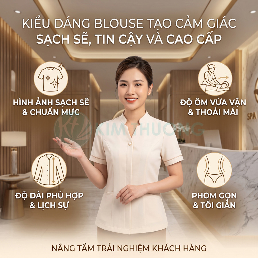 Nhân viên spa mặc áo blouse màu kem sạch sẽ, phom gọn lịch sự trong không gian spa cao cấp