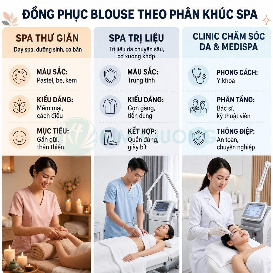 Đồng phục blouse spa thư giãn, spa trị liệu và clinic chăm sóc da medspa với nhân viên đang phục vụ khách hàng