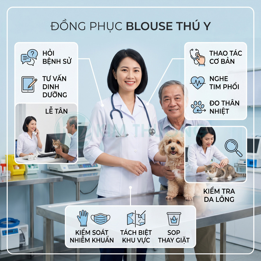 Đồng phục blouse thú y màu trắng cho bác sĩ thú y nữ khám chó mèo trong phòng khám hiện đại