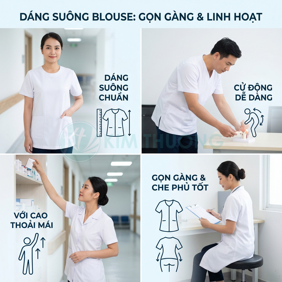 Nhân viên y tế mặc áo blouse dáng suông màu trắng gọn gàng linh hoạt trong bệnh viện