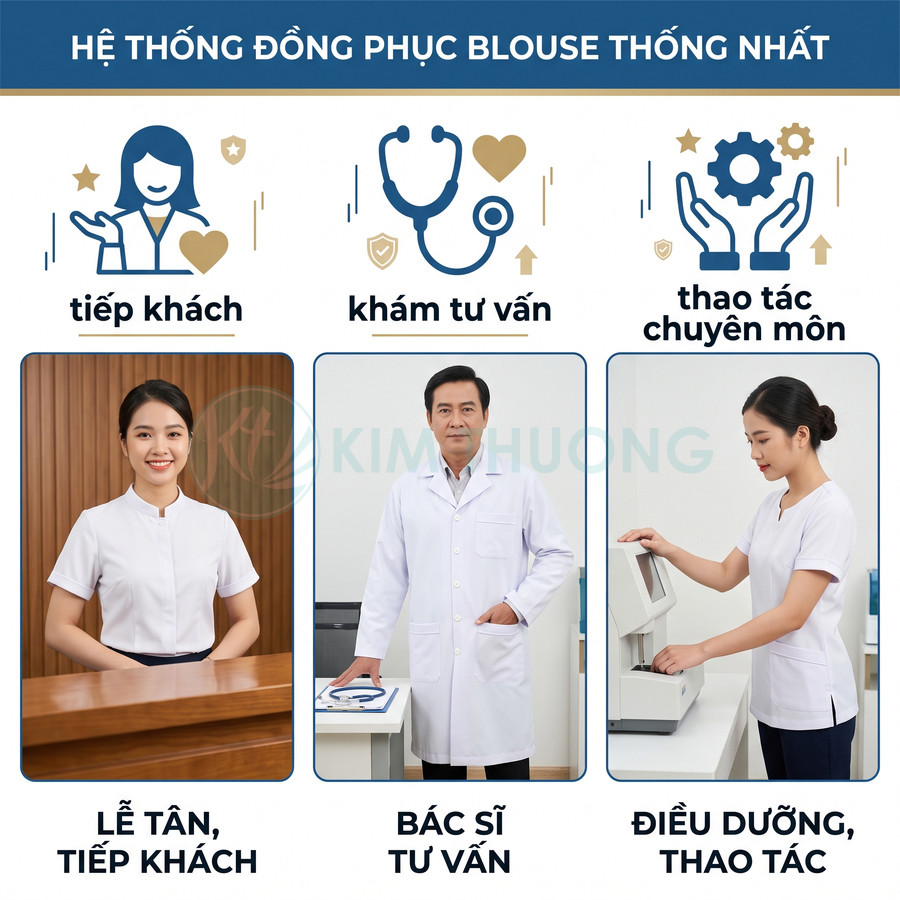 Đồng phục blouse y tế thống nhất cho lễ tân bác sĩ tư vấn và điều dưỡng thao tác chuyên môn
