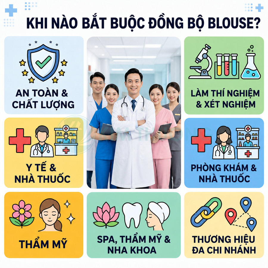 Nhóm bác sĩ mặc đồng phục blouse đứng giữa infographic giới thiệu các lĩnh vực cần đồng bộ áo blouse