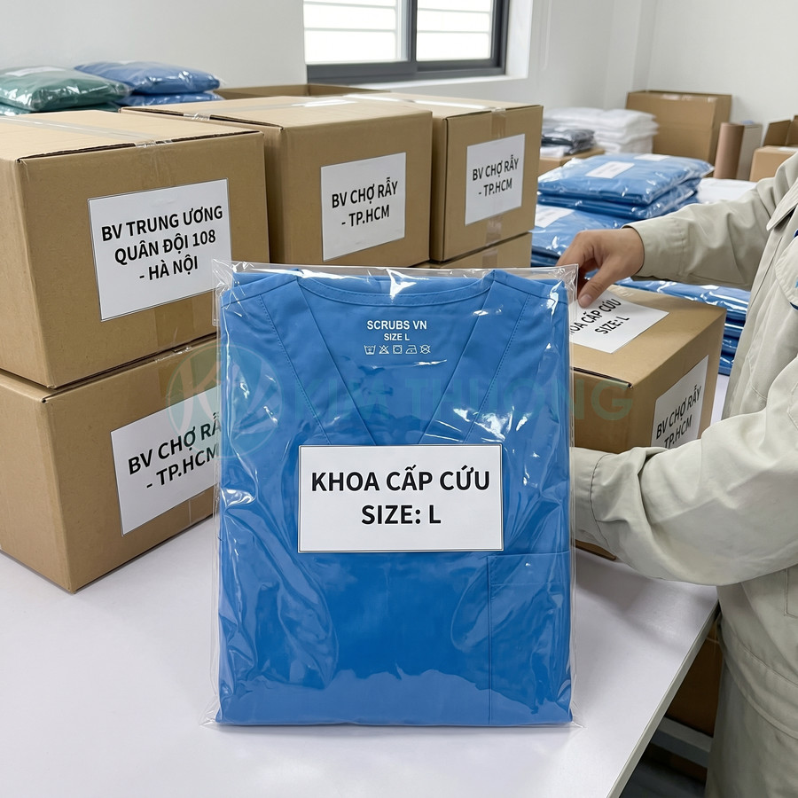 Bộ đồ scrub y tế màu xanh dương size L đóng gói sẵn giao cho các bệnh viện