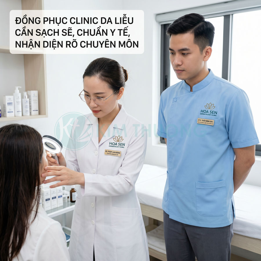 Bác sĩ da liễu Hoa Sen khám da mặt cho khách hàng trong phòng khám, mặc đồng phục y tế sạch sẽ