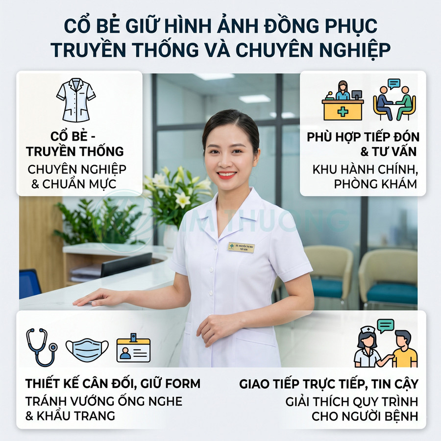 Nữ nhân viên y tế mặc đồng phục cổ bẻ màu trắng đứng tại quầy tiếp đón trong bệnh viện