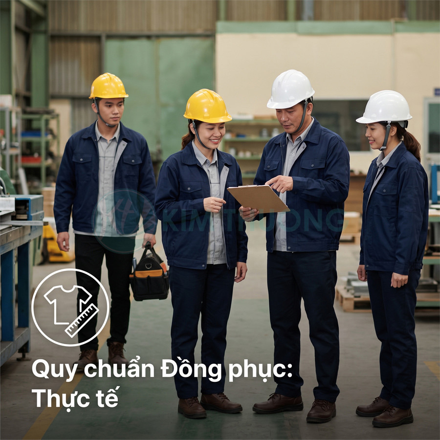 Nhóm công nhân mặc đồng phục bảo hộ màu xanh navy đội mũ bảo hộ trao đổi trong xưởng sản xuất