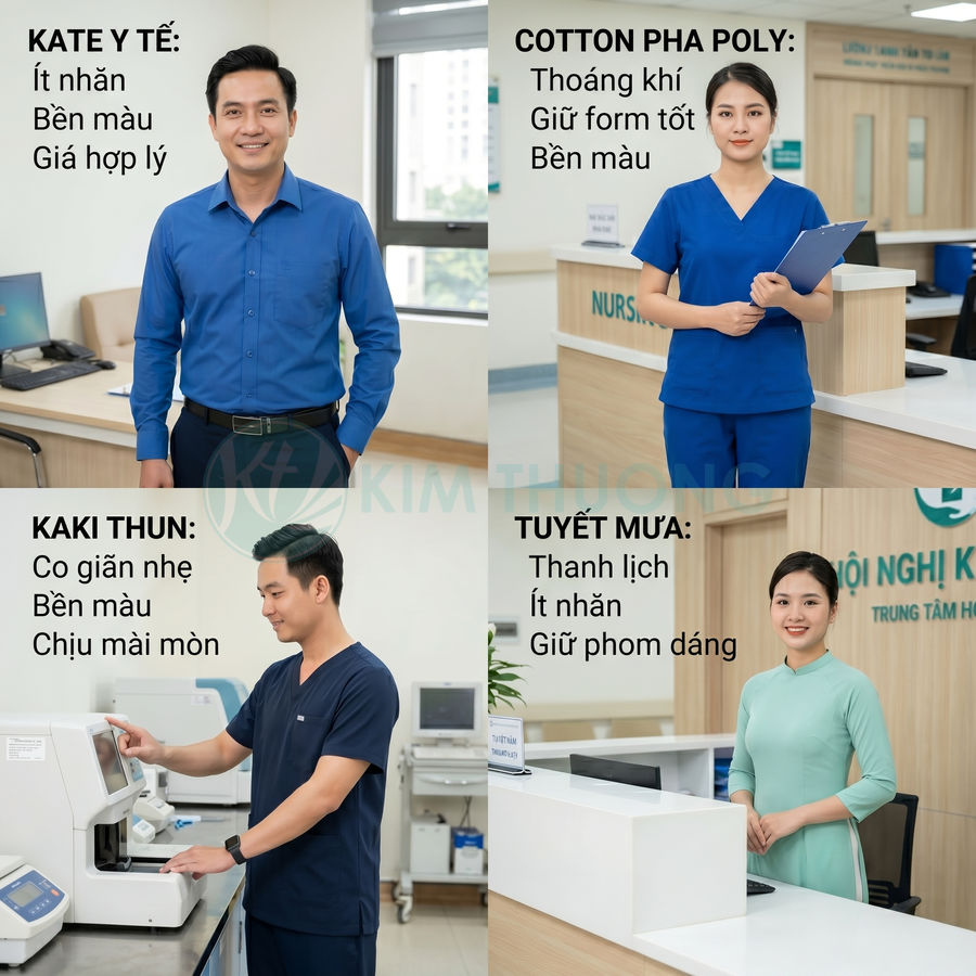 Nhân viên y tế mặc đồng phục bệnh viện nhiều chất liệu khác nhau trong không gian phòng khám hiện đại