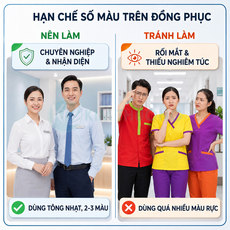 So sánh đồng phục nhân viên tông màu nhã nhặn 2 3 màu với đồng phục nhiều màu sắc rực rỡ rối mắt