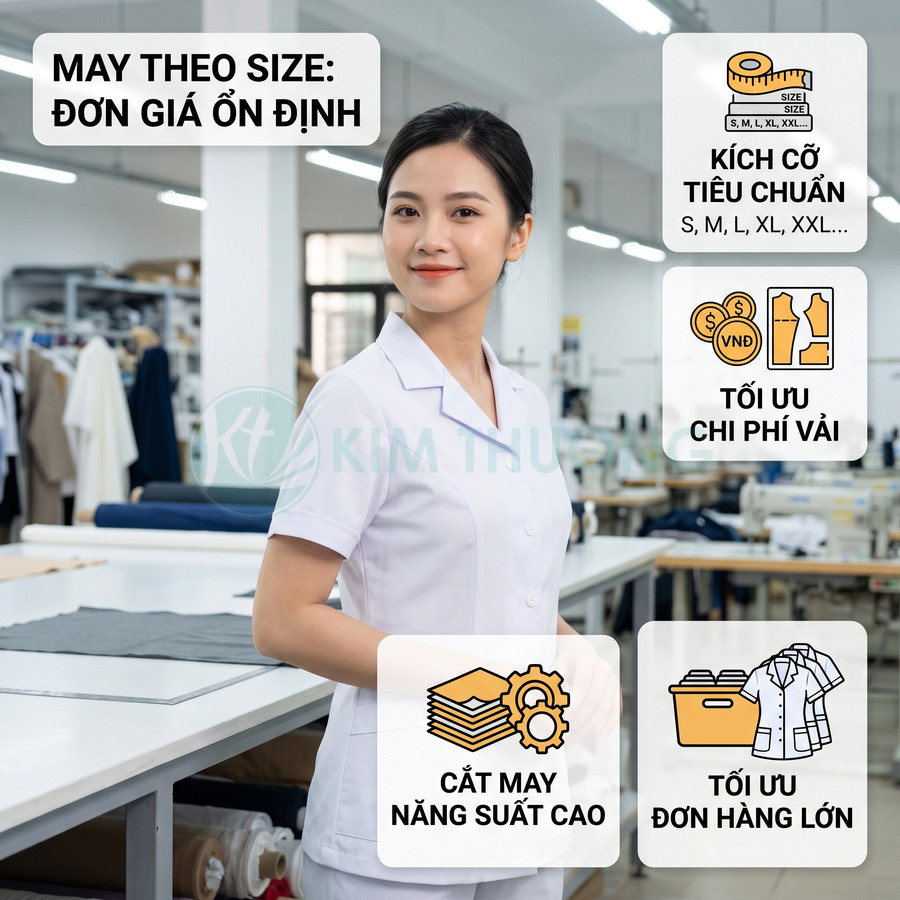 Nhân viên nữ mặc đồng phục y tế trắng Kim Thư đứng trong xưởng may, giới thiệu dịch vụ may theo size ổn định giá