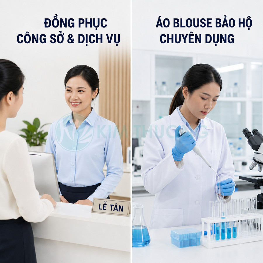 Đồng phục công sở lễ tân sơ mi xanh và áo blouse bảo hộ phòng thí nghiệm cho nữ nhân viên