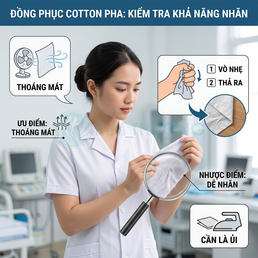 Nữ nhân viên y tế kiểm tra chất liệu vải đồng phục cotton pha, ưu điểm thoáng mát nhưng dễ nhăn cần là ủi