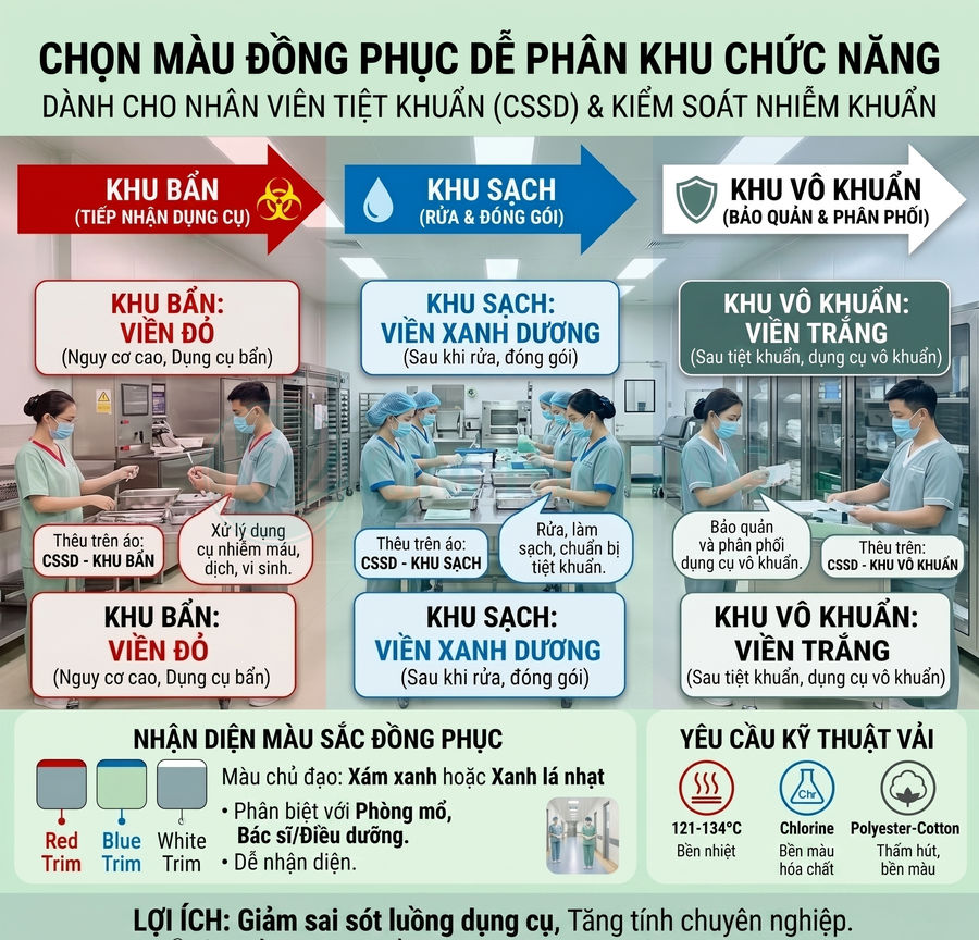 Hướng dẫn chọn màu đồng phục nhân viên tiệt khuẩn theo khu bẩn, khu sạch và khu vô khuẩn trong bệnh viện