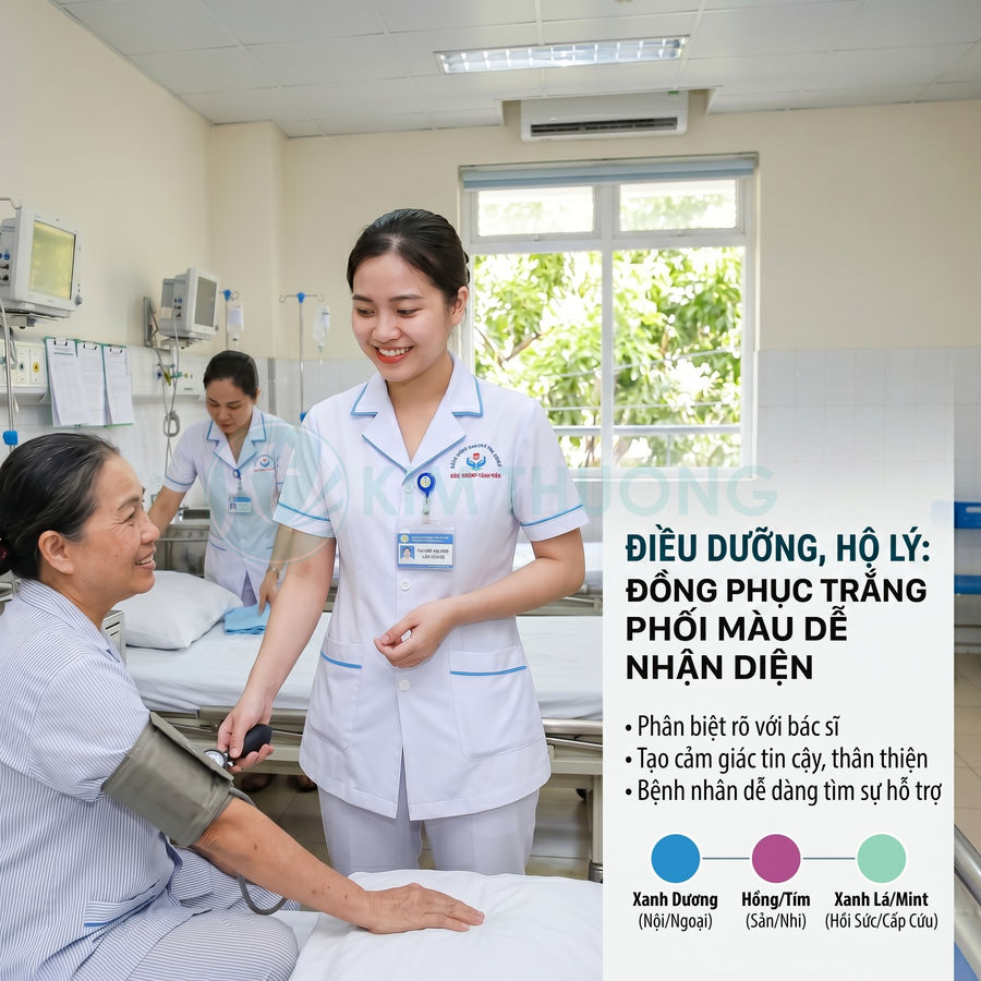 Điều dưỡng mặc đồng phục trắng viền xanh dương đang đo huyết áp cho bệnh nhân trong phòng bệnh viện