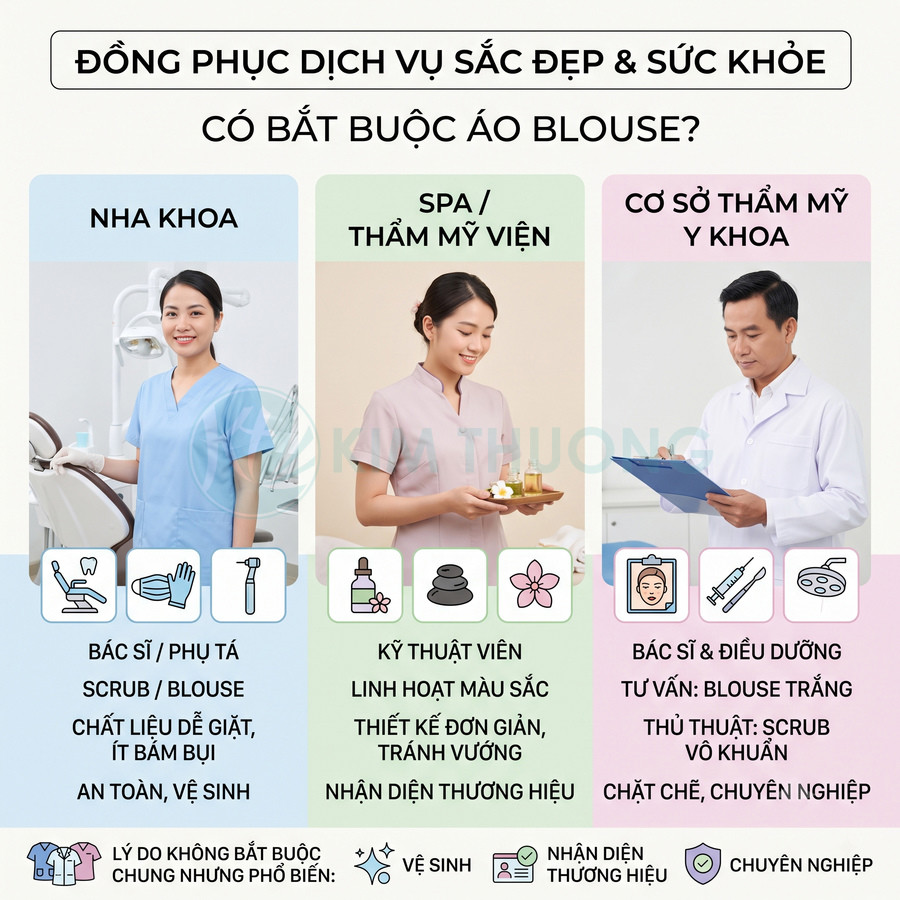 Đồng phục blouse và scrub cho nha khoa, spa, cơ sở thẩm mỹ y khoa, thiết kế sạch sẽ chuyên nghiệp