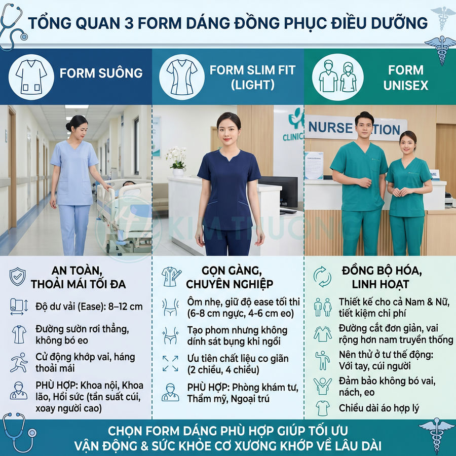 Ba mẫu đồng phục điều dưỡng form suông, slim fit và unisex cho nam nữ trong môi trường bệnh viện