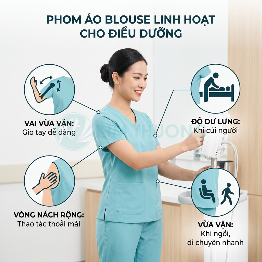 Điều dưỡng mặc bộ scrub màu xanh ngọc phom rộng linh hoạt, thao tác với thiết bị y tế trong phòng khám