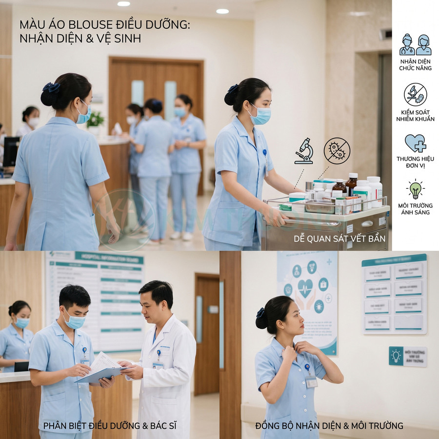 Đồng phục điều dưỡng màu xanh nhạt trong bệnh viện giúp nhận diện chức năng và kiểm soát nhiễm khuẩn