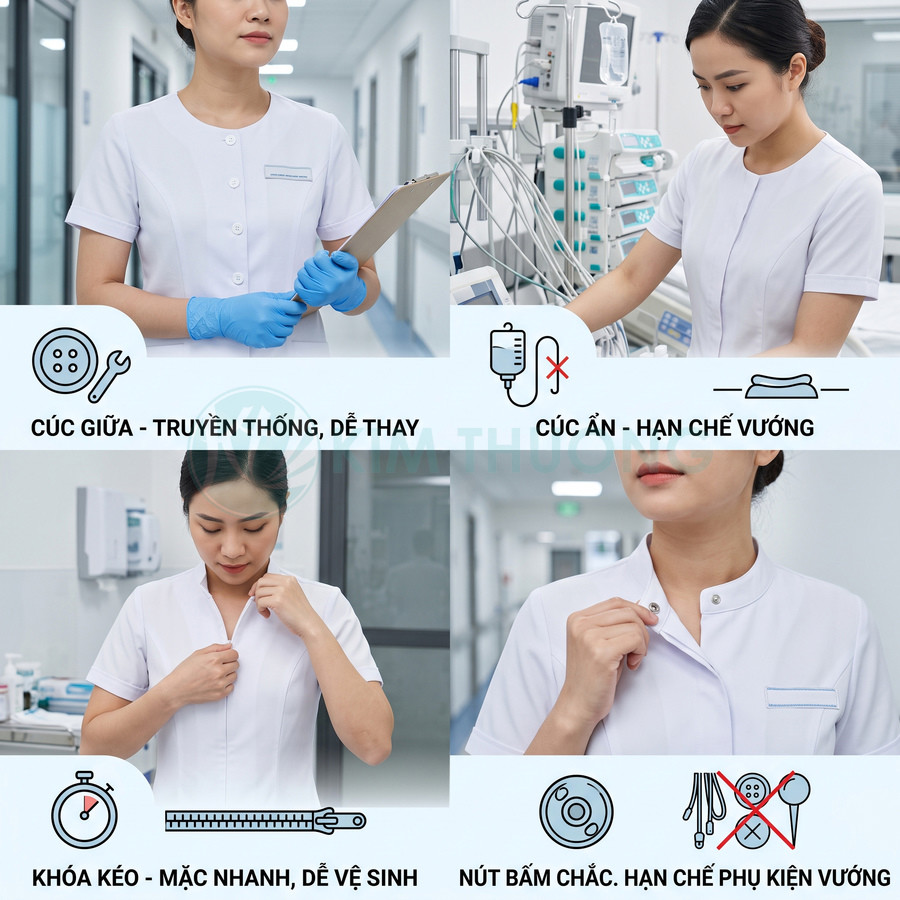 Đồng phục y tá màu trắng với nhiều kiểu cúc và khóa kéo tiện lợi trong bệnh viện