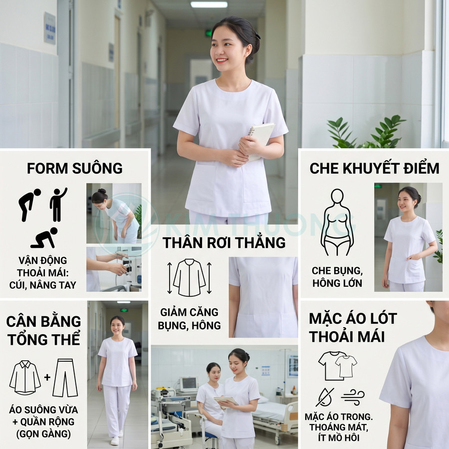 Đồng phục y tá nữ màu trắng form suông, chất liệu thoáng mát, dễ vận động trong bệnh viện