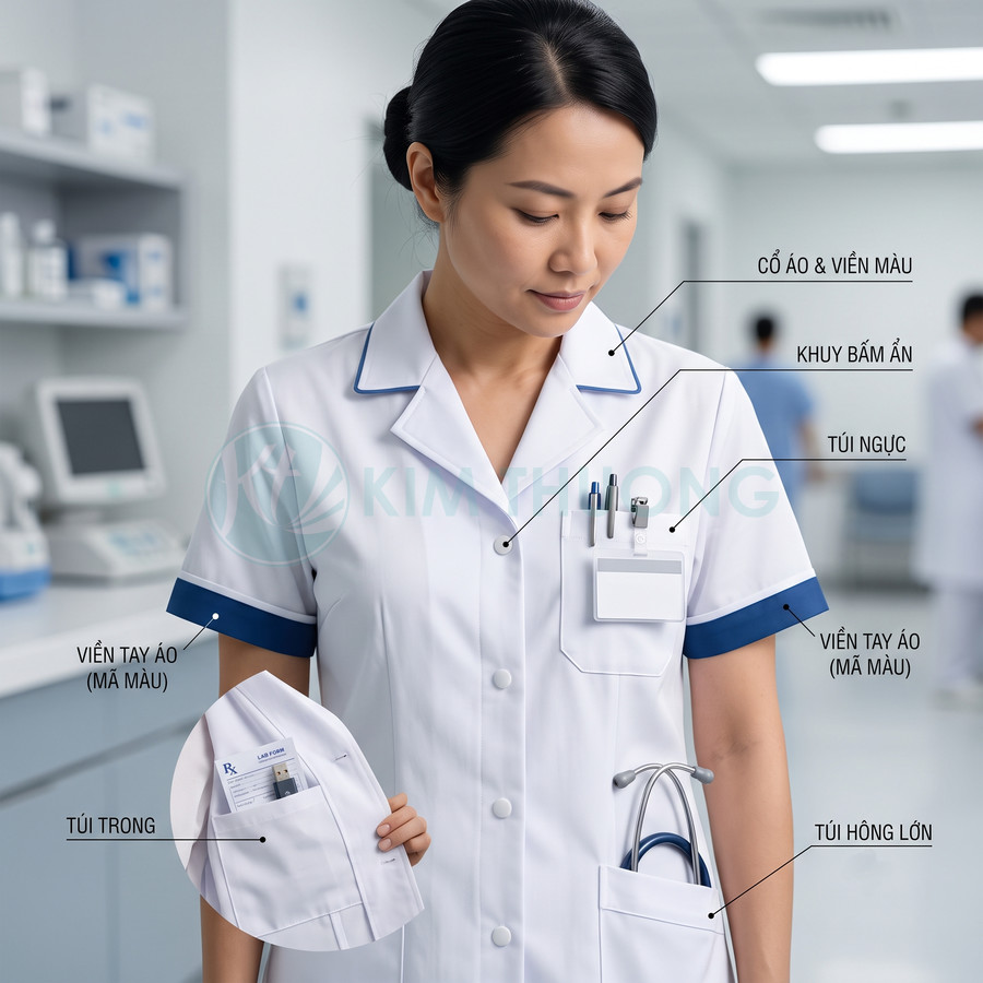 Đồng phục y tá nữ màu trắng viền xanh có nhiều túi tiện dụng và khuy bấm ẩn trong bệnh viện