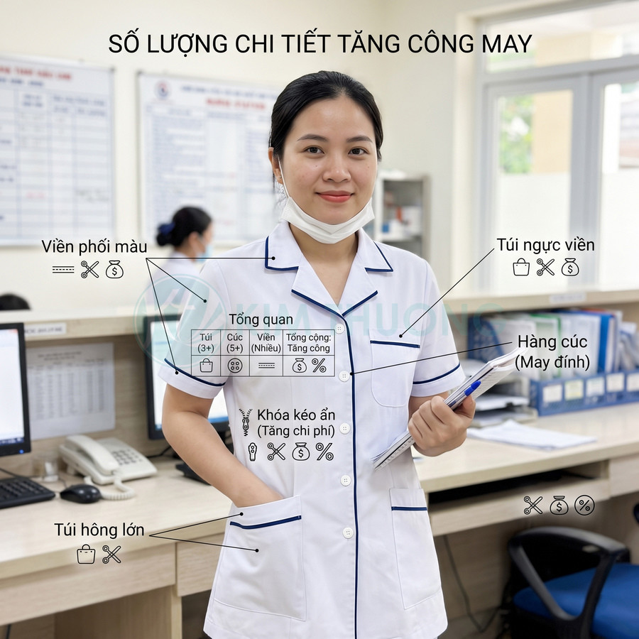 Đồng phục y tá nữ màu trắng viền xanh navy, nhiều túi tiện dụng, đứng trong phòng làm việc bệnh viện