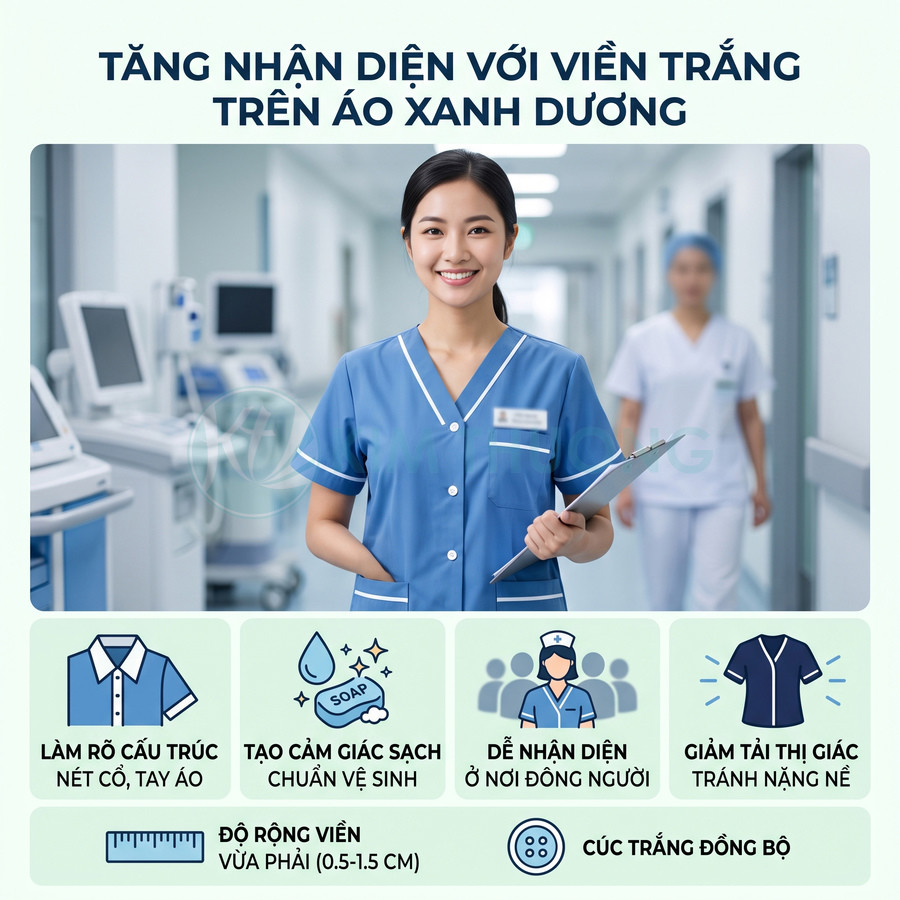 Nữ y tá mặc áo blouse xanh dương viền trắng cầm bảng hồ sơ đứng trong hành lang bệnh viện