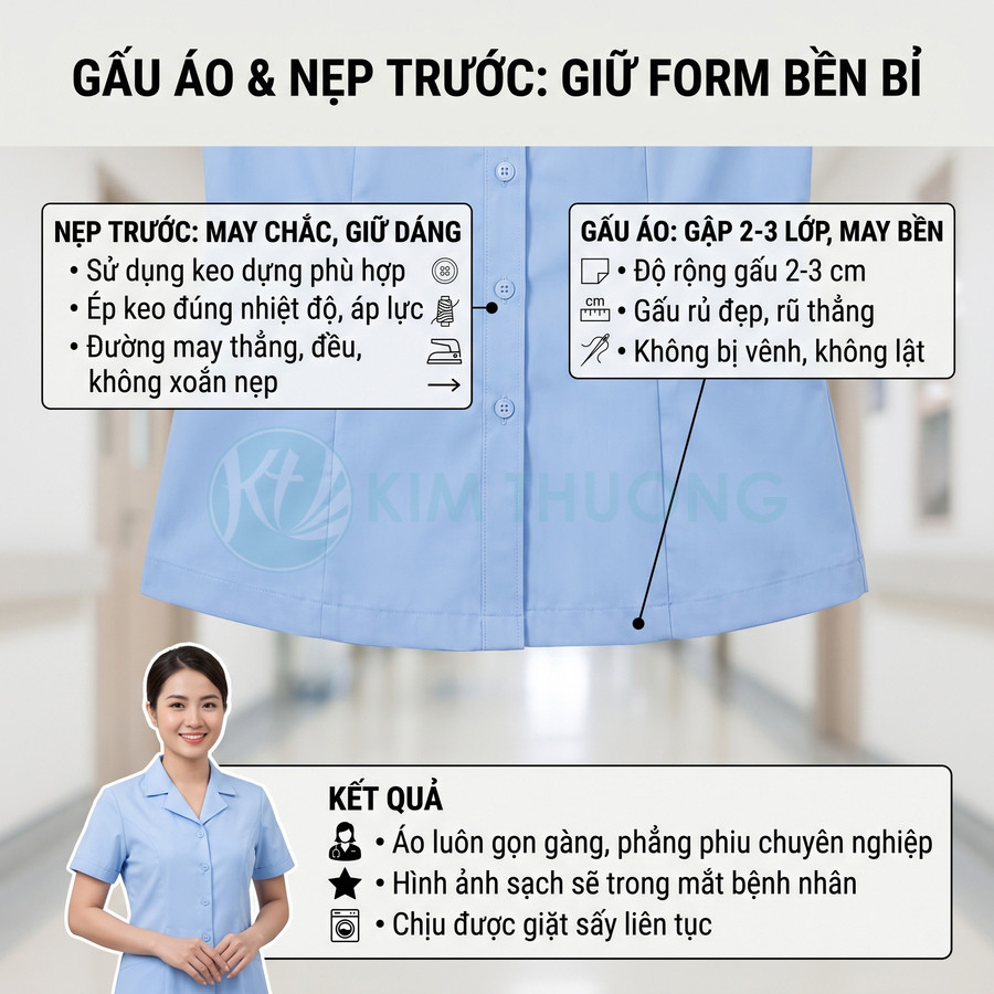 Đồng phục y tá màu xanh dương Kim Thương với gấu áo và nẹp trước may chắc, giữ form phẳng phiu