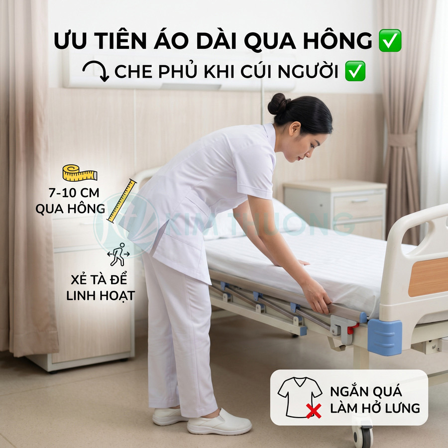 Điều dưỡng mặc đồng phục y tá trắng áo dài qua hông đang trải ga giường bệnh viện