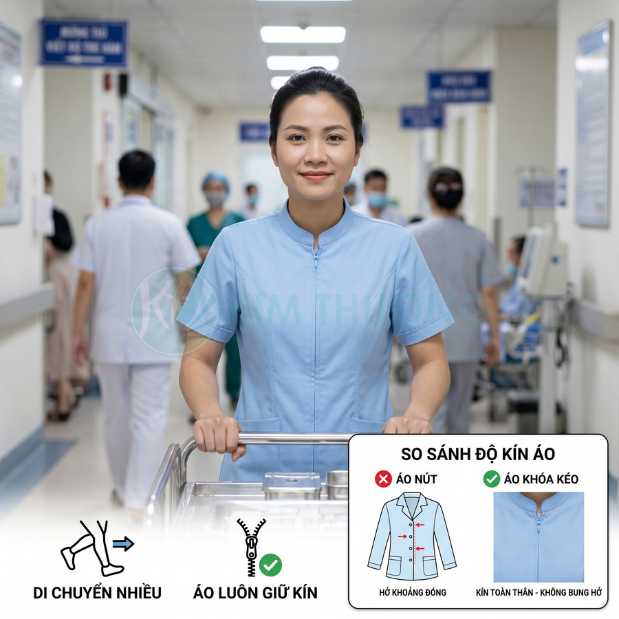 Đồng phục y tá nữ màu xanh cổ trụ khóa kéo kín đáo khi làm việc trong bệnh viện