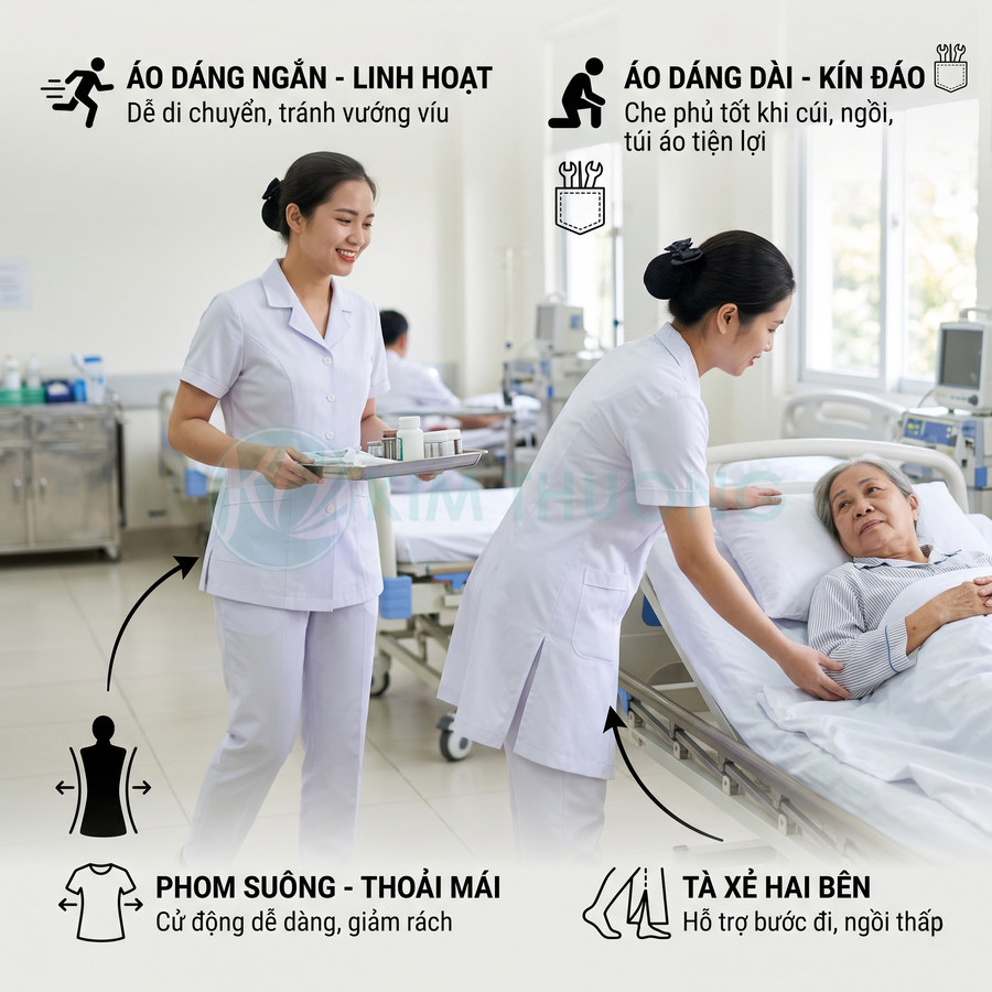 Đồng phục y tá màu trắng dáng suông ngắn dài, chất liệu thoải mái, hỗ trợ chăm sóc bệnh nhân trong bệnh viện