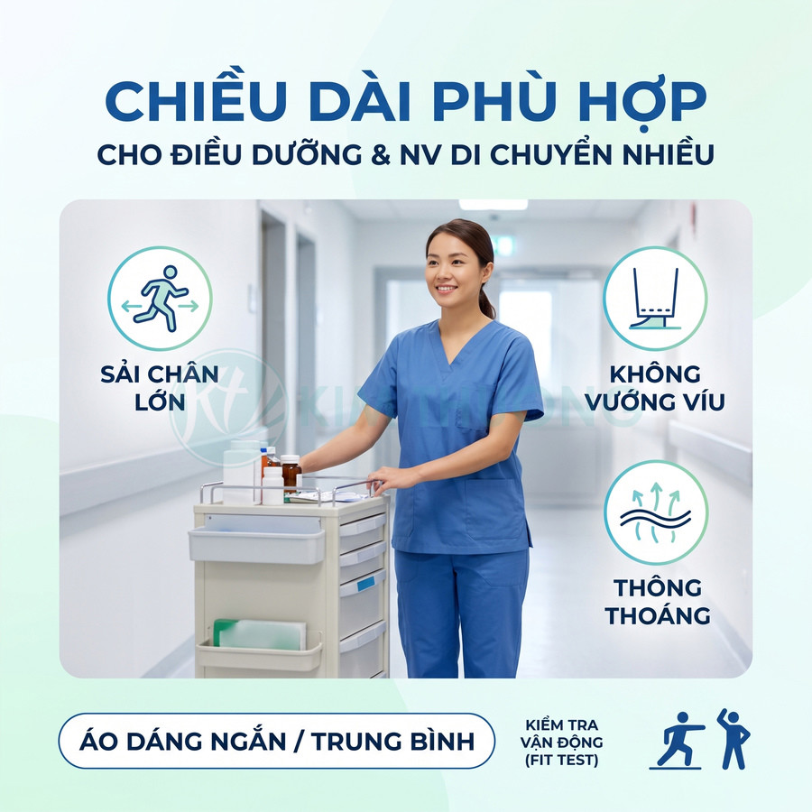 Đồng phục y tá dáng ngắn trung bình, chất liệu thoáng mát, thuận tiện di chuyển trong bệnh viện