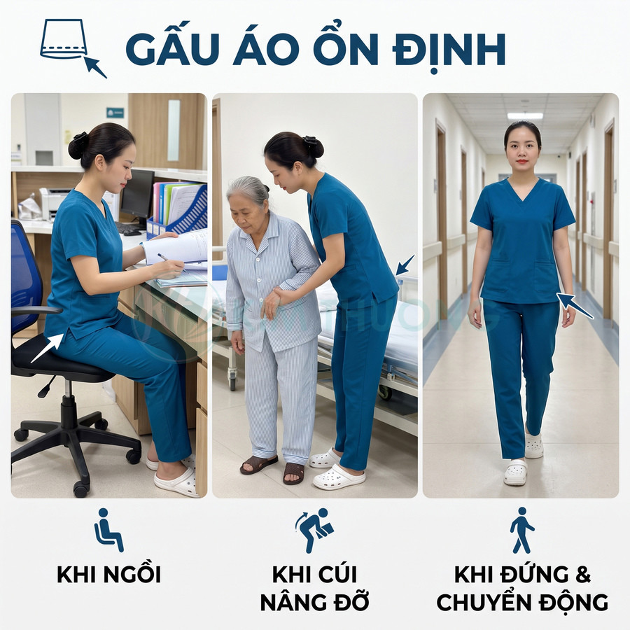 Đồng phục y tá màu xanh dương dáng suông, gấu áo ổn định khi ngồi, cúi nâng đỡ và di chuyển trong bệnh viện
