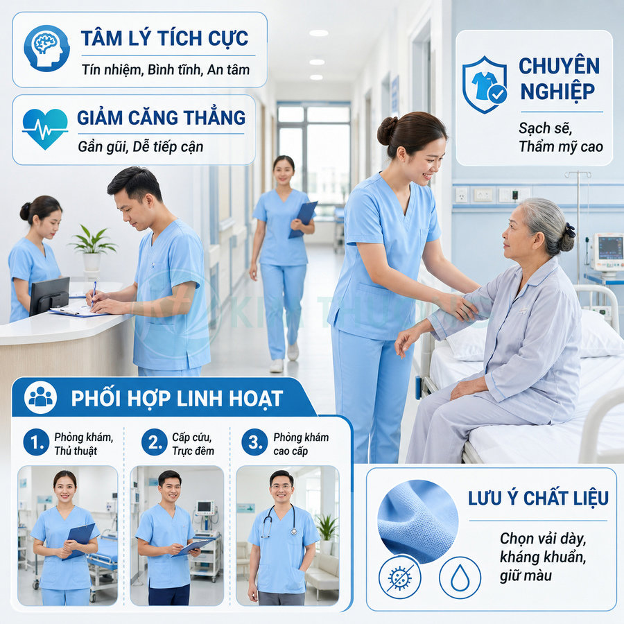 Đồng phục y tá màu xanh dương trong bệnh viện, chất liệu dày kháng khuẩn, nhân viên chăm sóc bệnh nhân cao tuổi