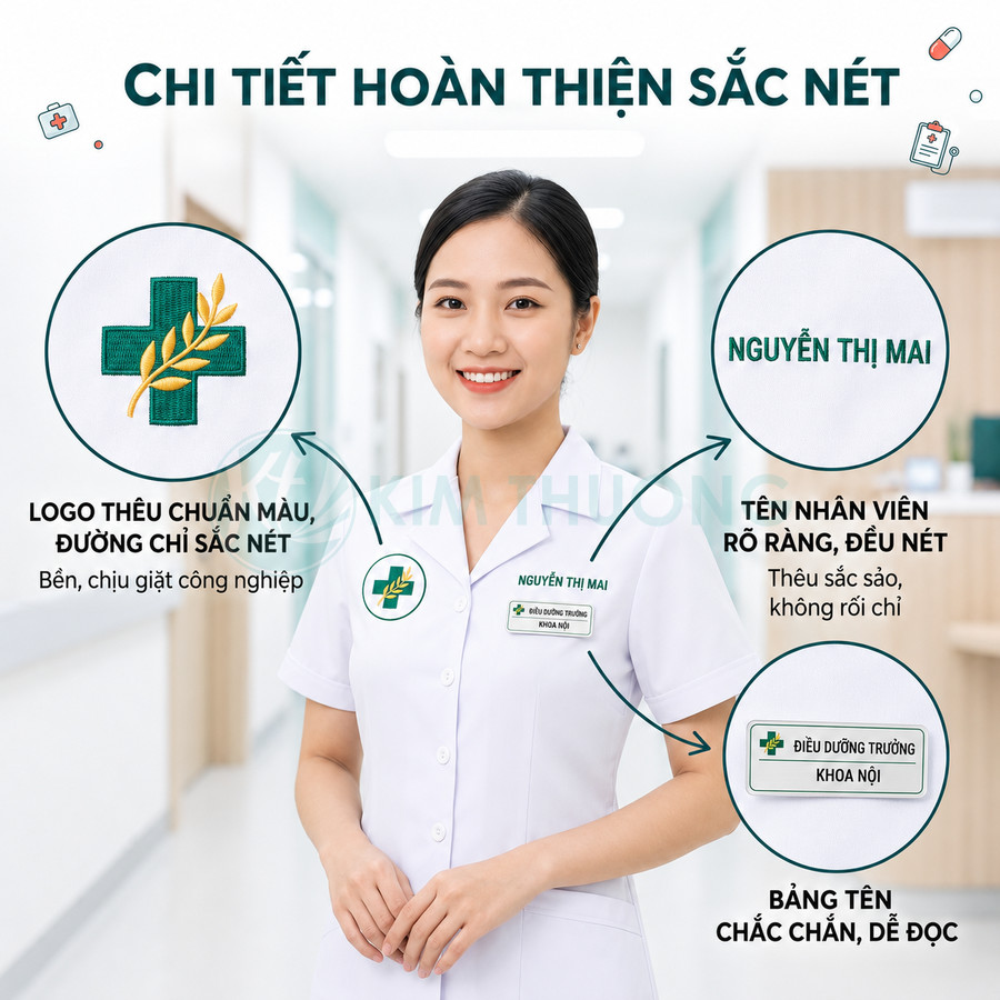 Đồng phục y tá nữ màu trắng với logo thêu và bảng tên nhân viên rõ nét, chuyên nghiệp
