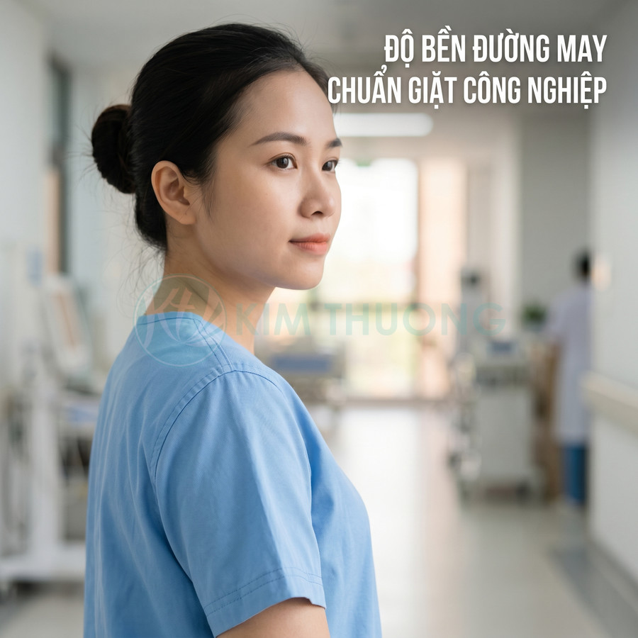 Đồng phục y tá màu xanh dương Kim Thương chất liệu bền đường may chuẩn giặt công nghiệp