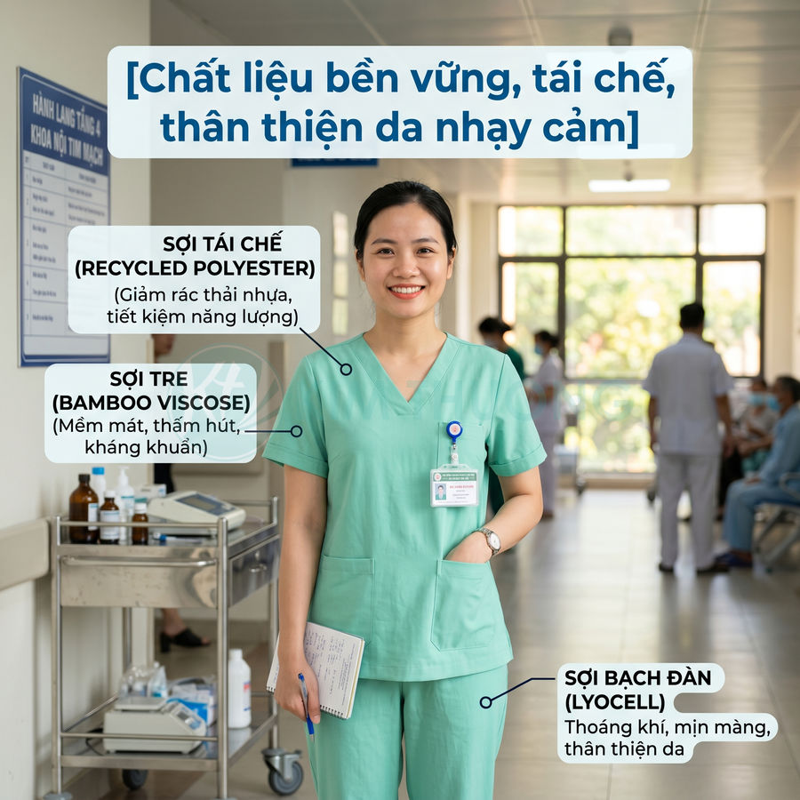 Đồng phục điều dưỡng xanh thân thiện da nhạy cảm làm từ sợi tái chế, sợi tre và sợi bạch đàn trong bệnh viện